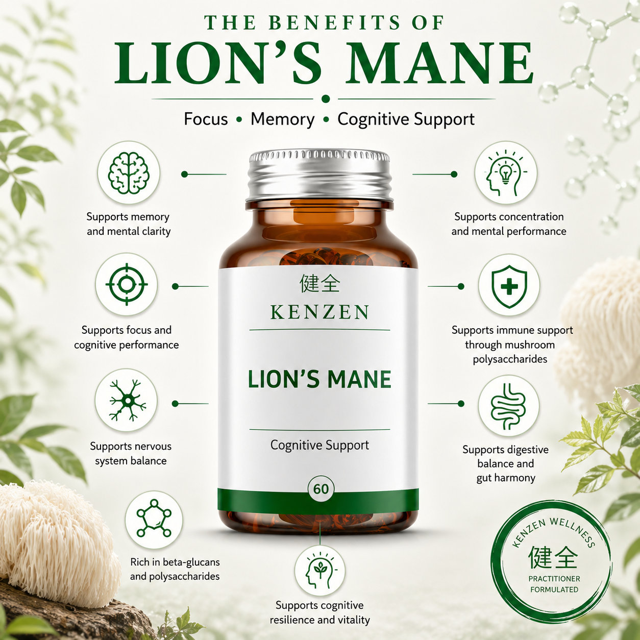 Kenzen Lion’s Mane 10:1 Mushroom Extract 450mg – Focus & Cognitive Support | 60 Vegan Capsules